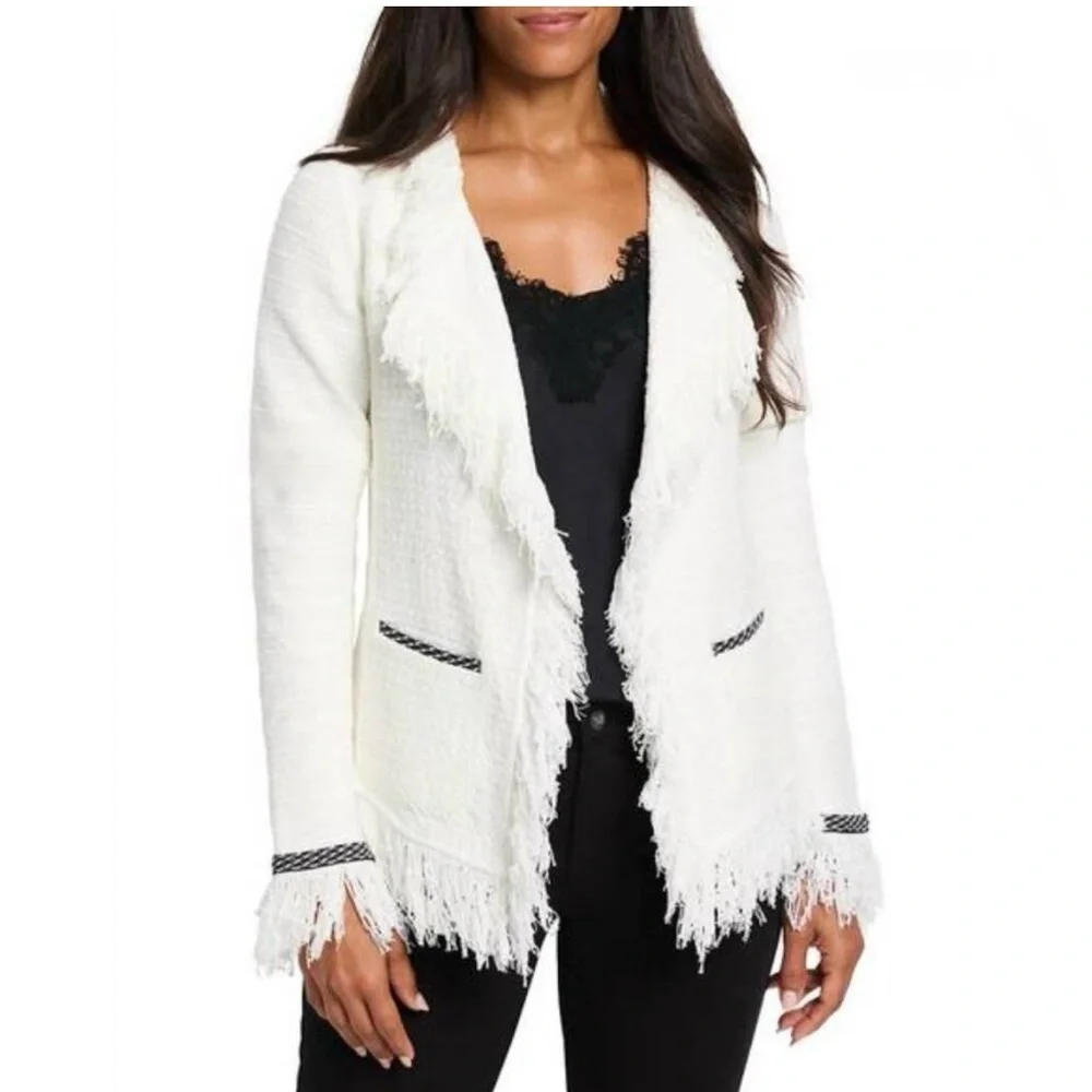 Mic & Zoe Statement Fringe Mix Knit Jacket in Classic Cream White‎ Sz PL